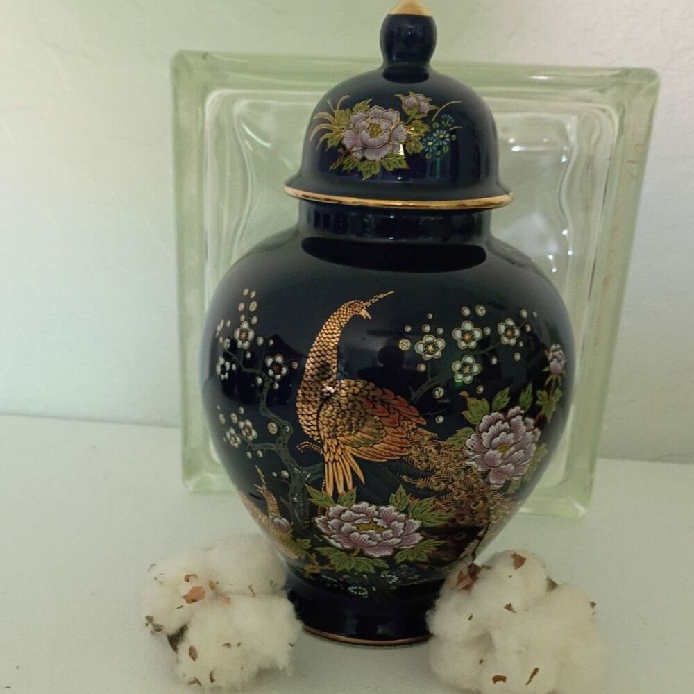 Vintage Japanese Cobalt Blue Porcelain Ginger Jar Peacock and Floral Design